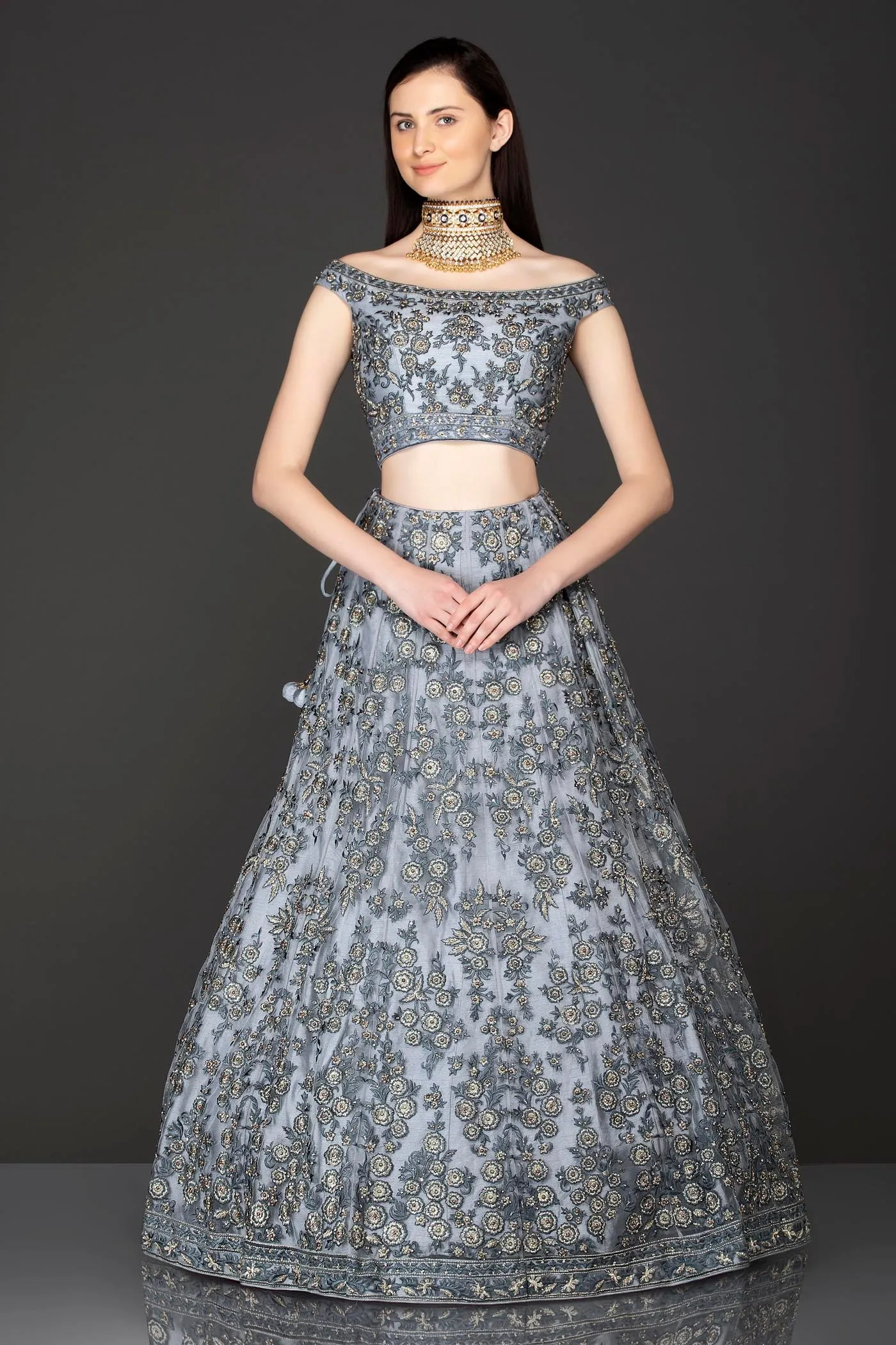 Grey Net Lehenga Top With Grey Resham/Thread Embriodery Highlighted With Silver Stones
