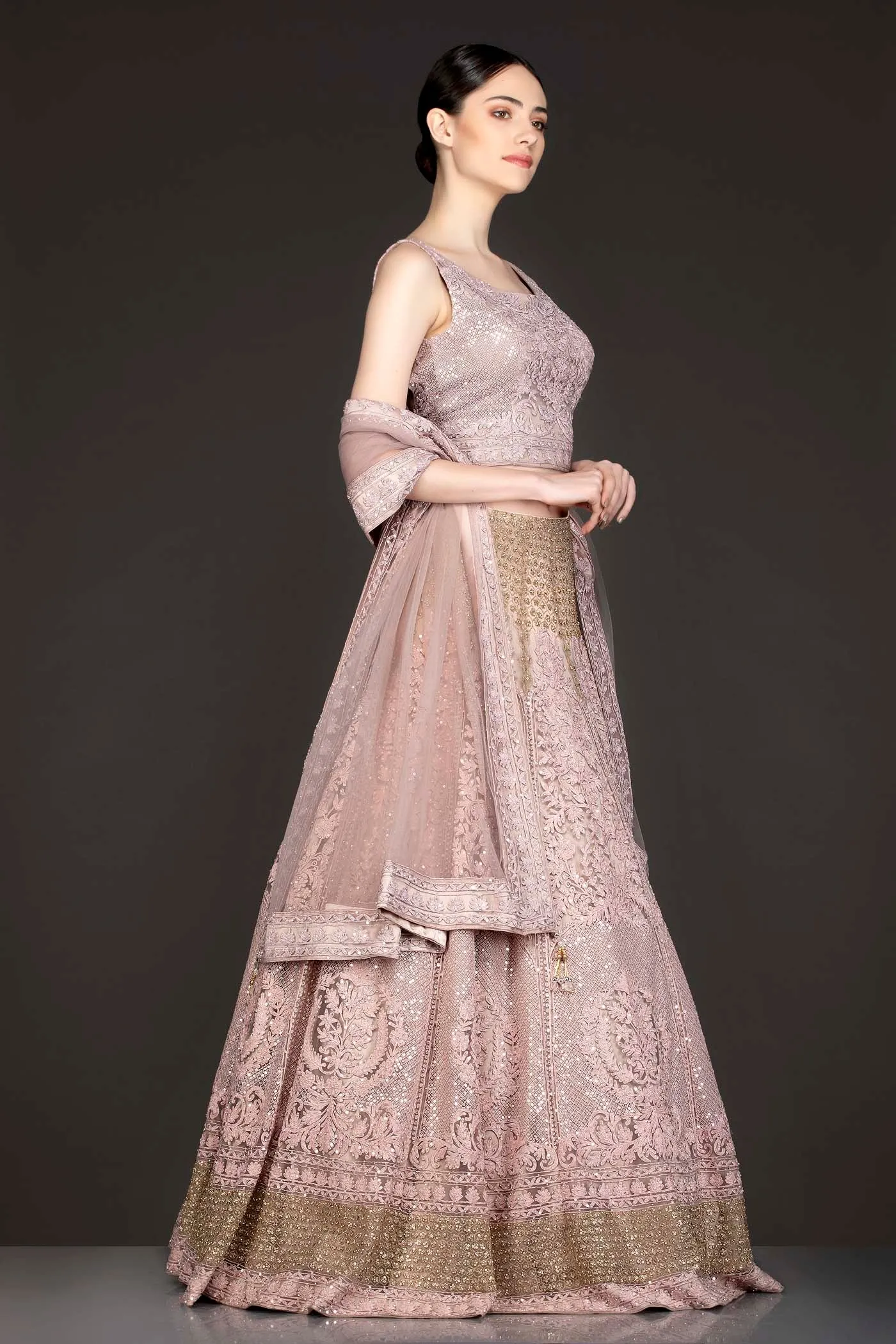 Heavy Pink Colour Net Lehenga Top With Sequence And Thread Embroidery