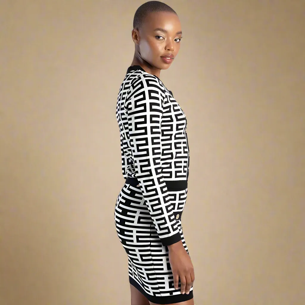 Iuma - Black/White Patterned Knit Cardigan And Matching Skirt