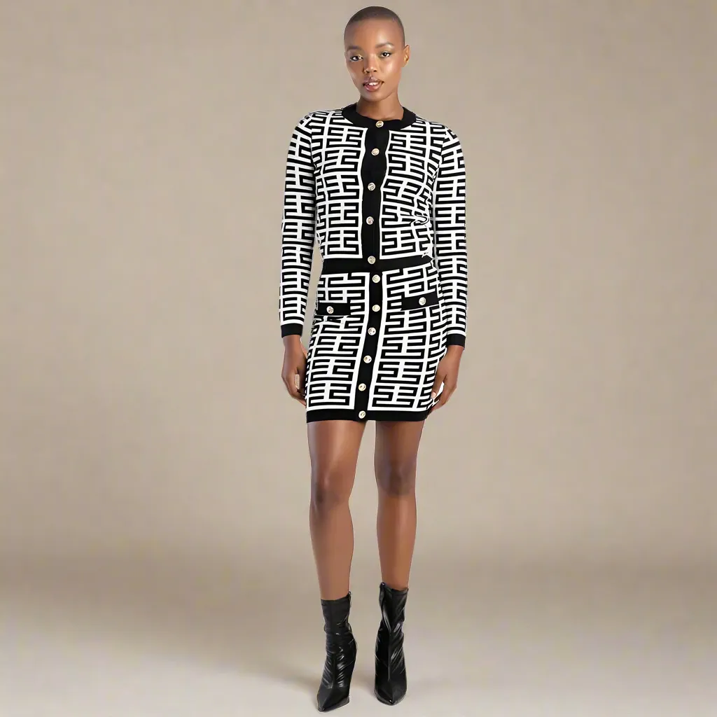 Iuma - Black/White Patterned Knit Cardigan And Matching Skirt