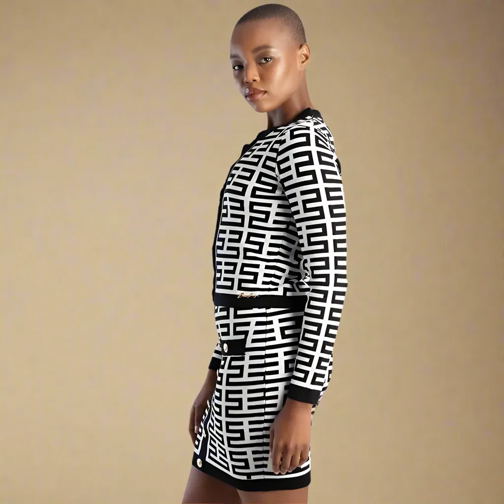 Iuma - Black/White Patterned Knit Cardigan And Matching Skirt