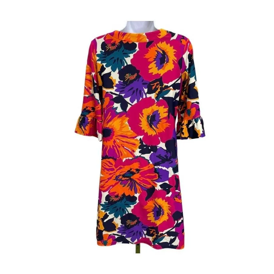 Jude Connally U Neck Bright Floral Ruffle Sleeve Dress Size Small