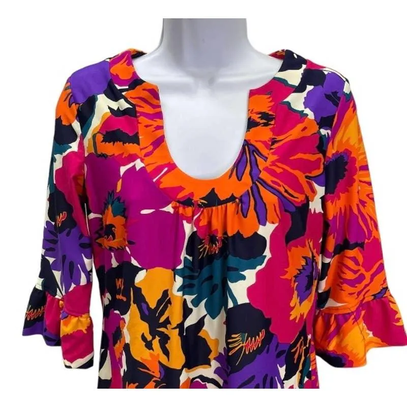 Jude Connally U Neck Bright Floral Ruffle Sleeve Dress Size Small