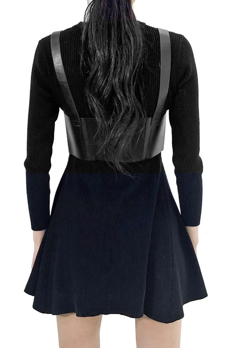 Knitted Dress with Leather Waist Belt in Black