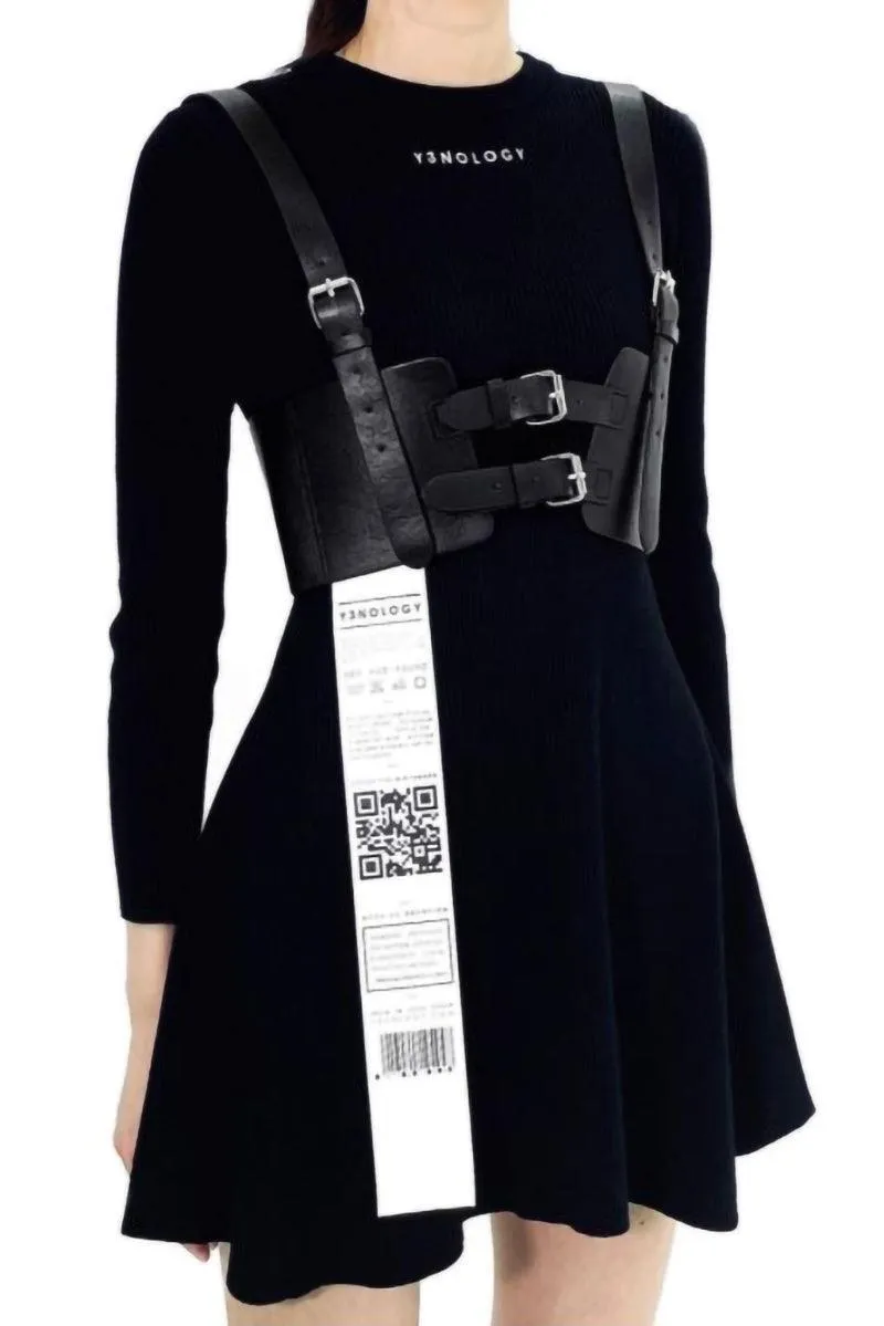 Knitted Dress with Leather Waist Belt in Black