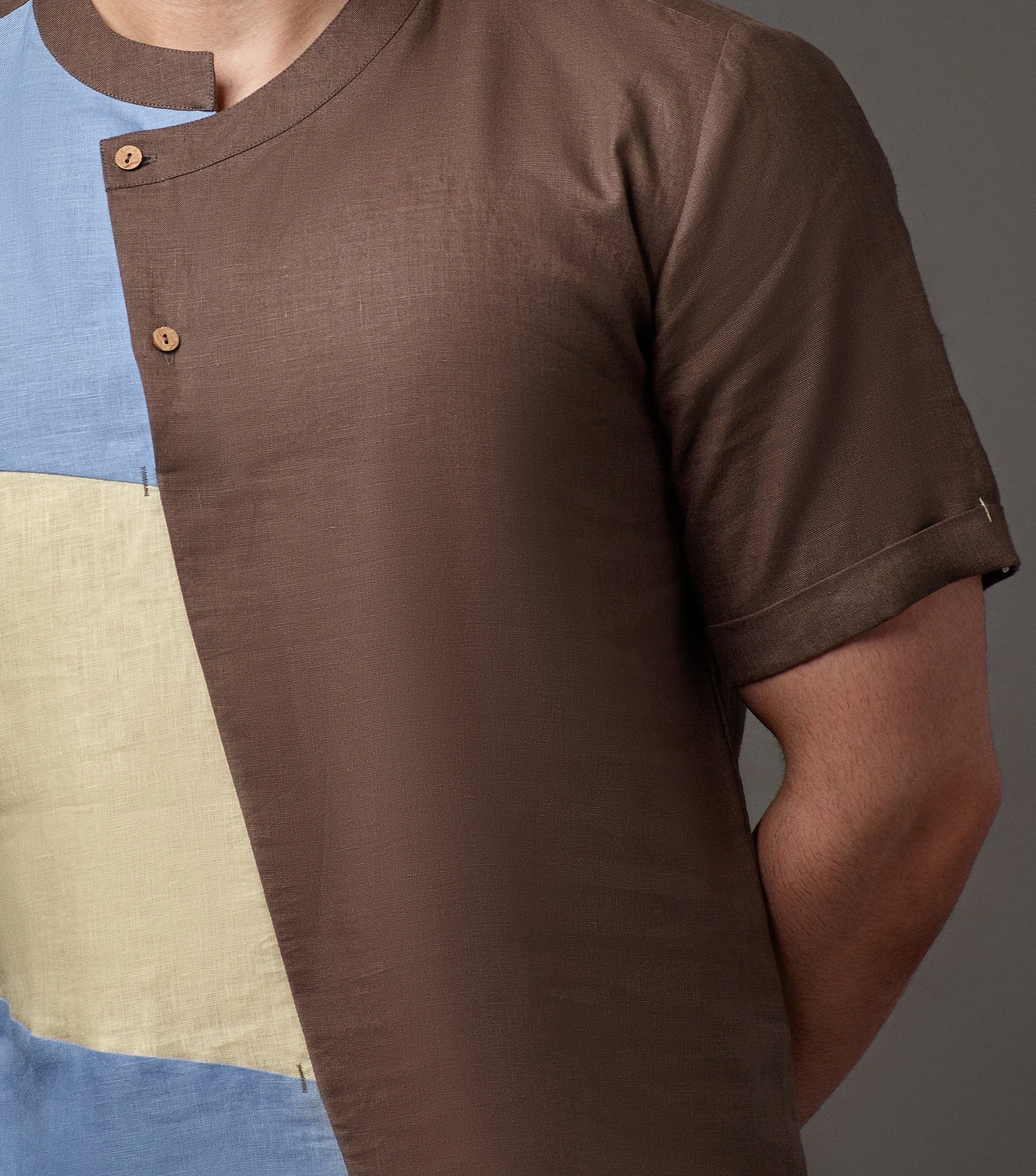 Linen 3 colour patch overlap placket shirt
