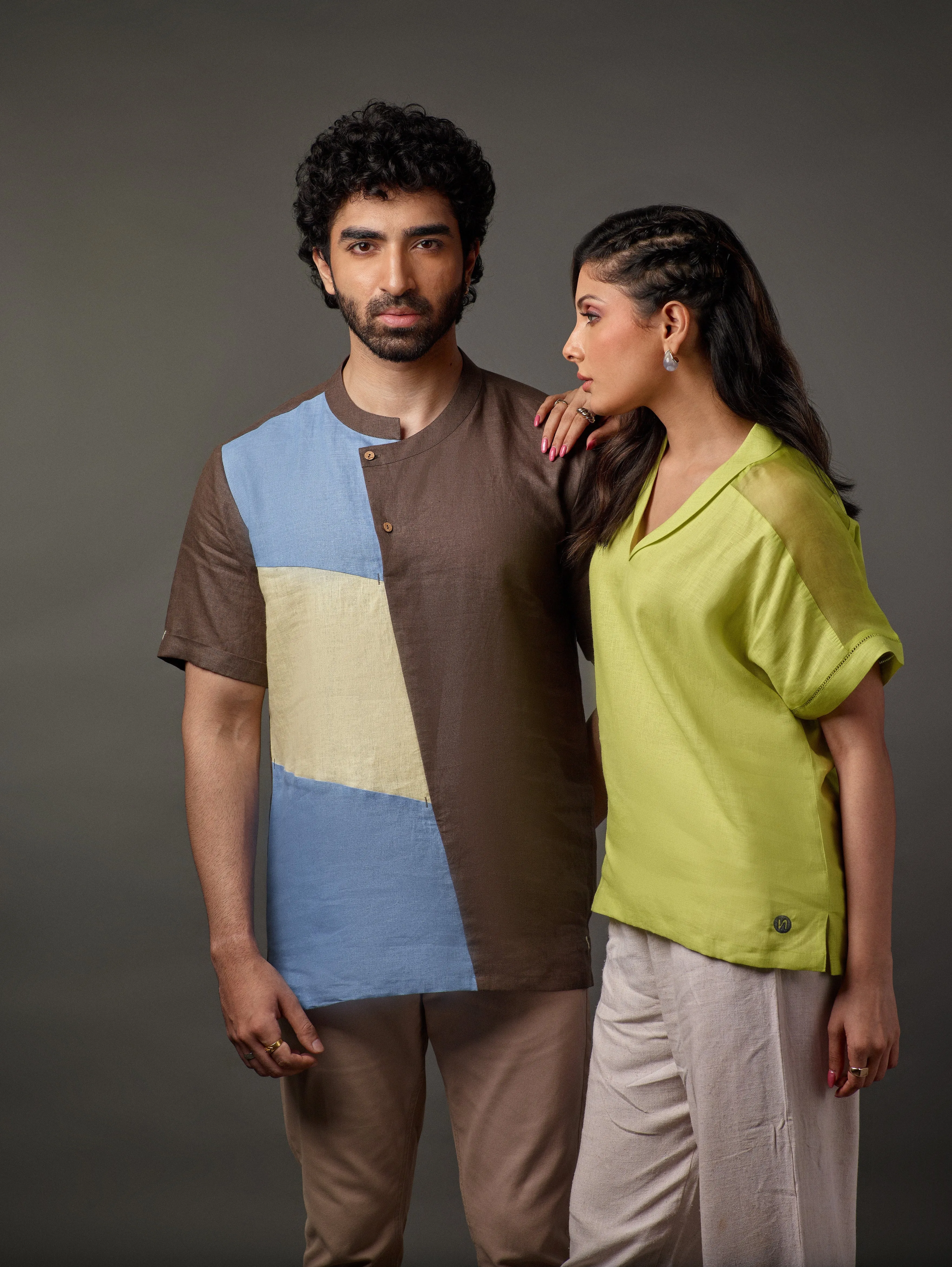 Linen 3 colour patch overlap placket shirt