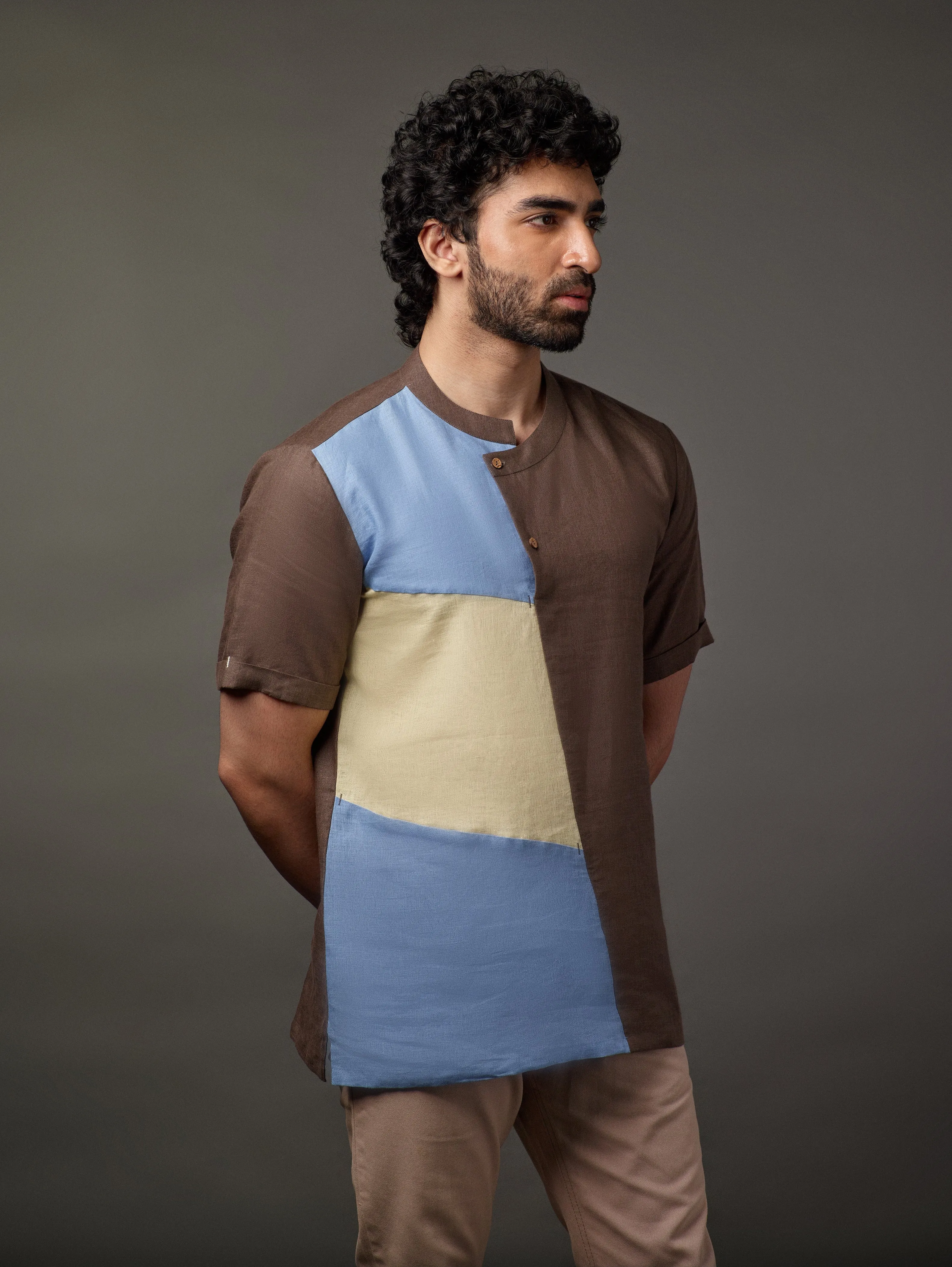 Linen 3 colour patch overlap placket shirt