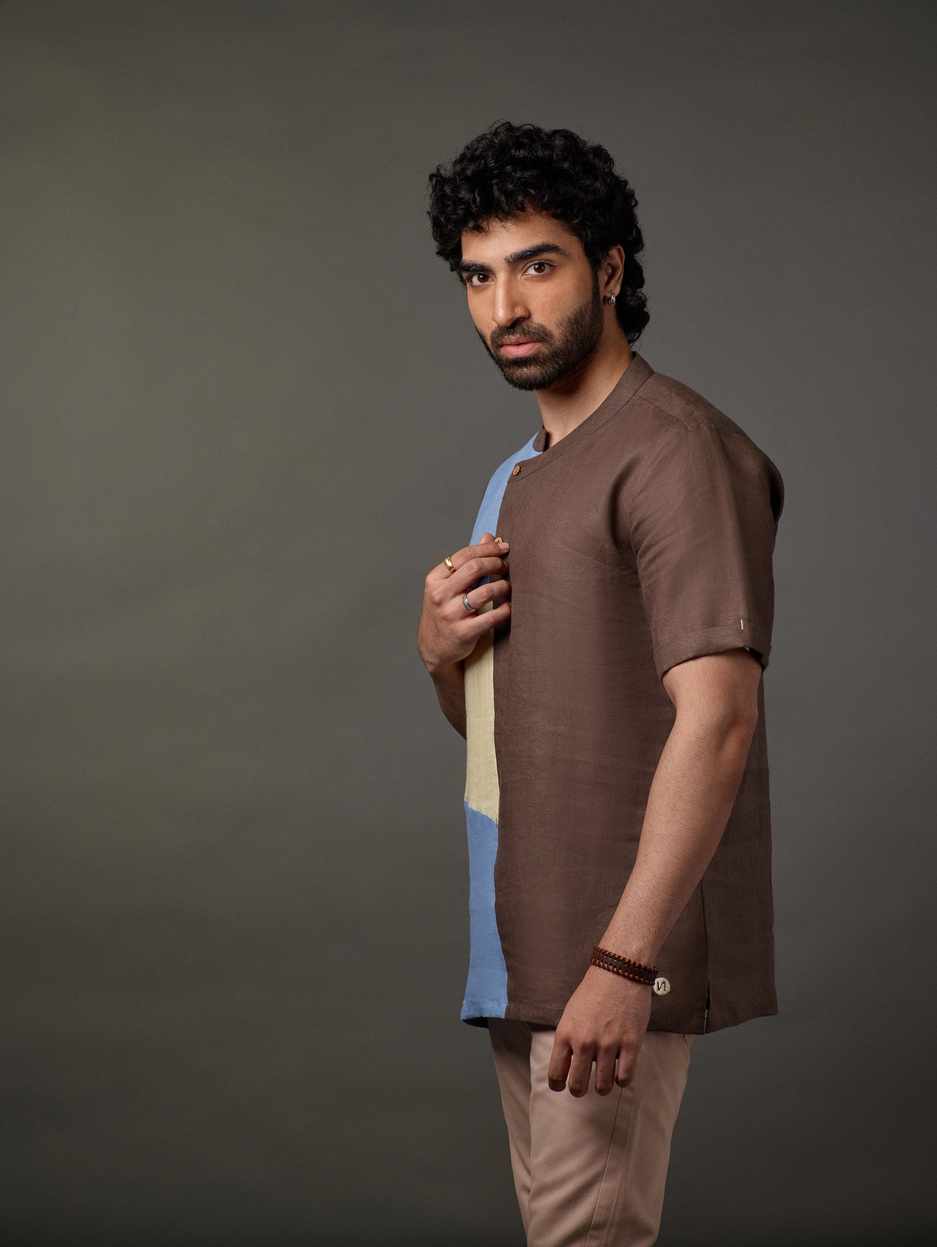 Linen 3 colour patch overlap placket shirt