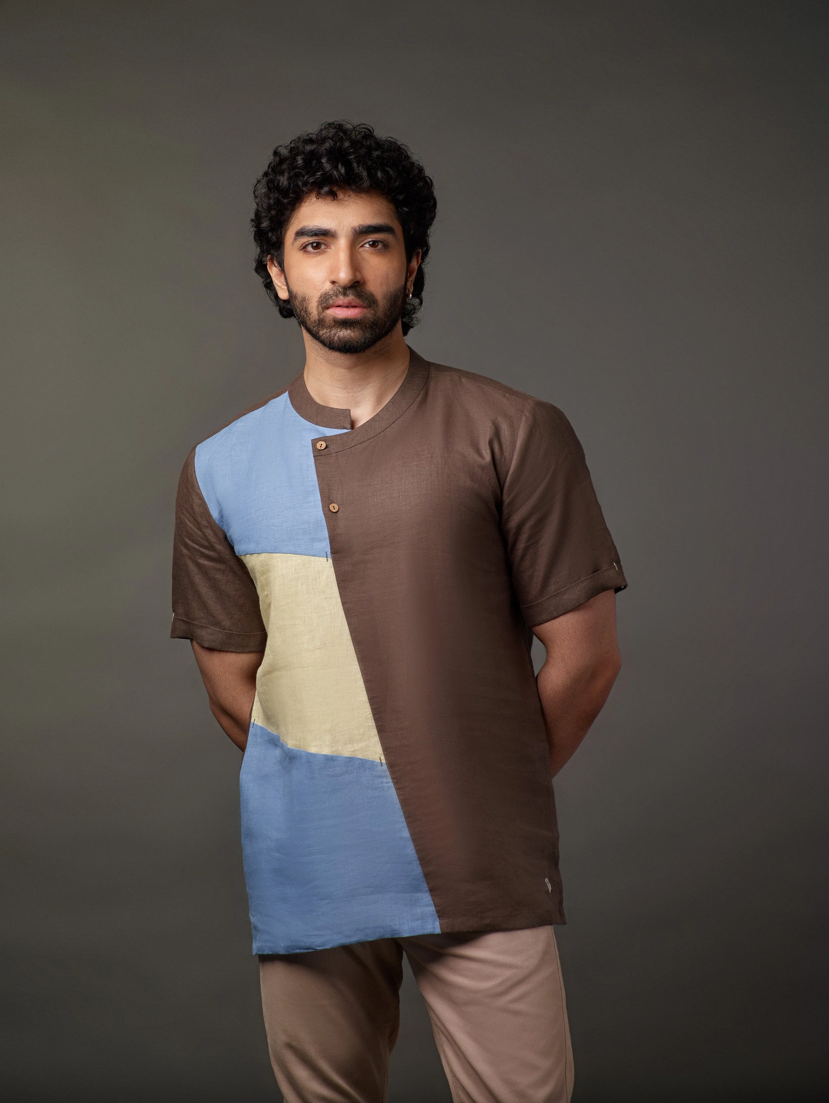 Linen 3 colour patch overlap placket shirt