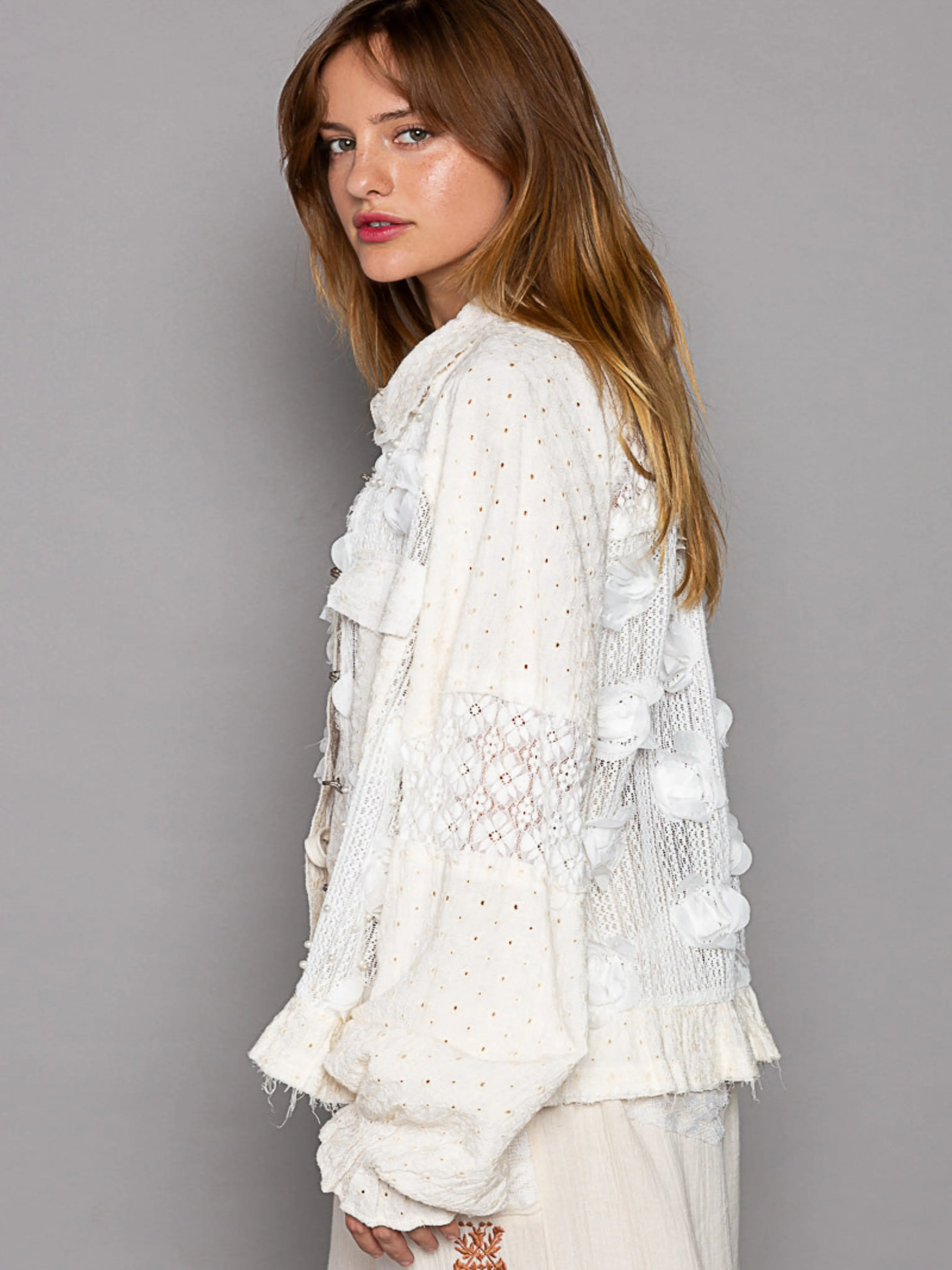 Long Balloon Sleeve Flower Detail Button Down Shirt Top