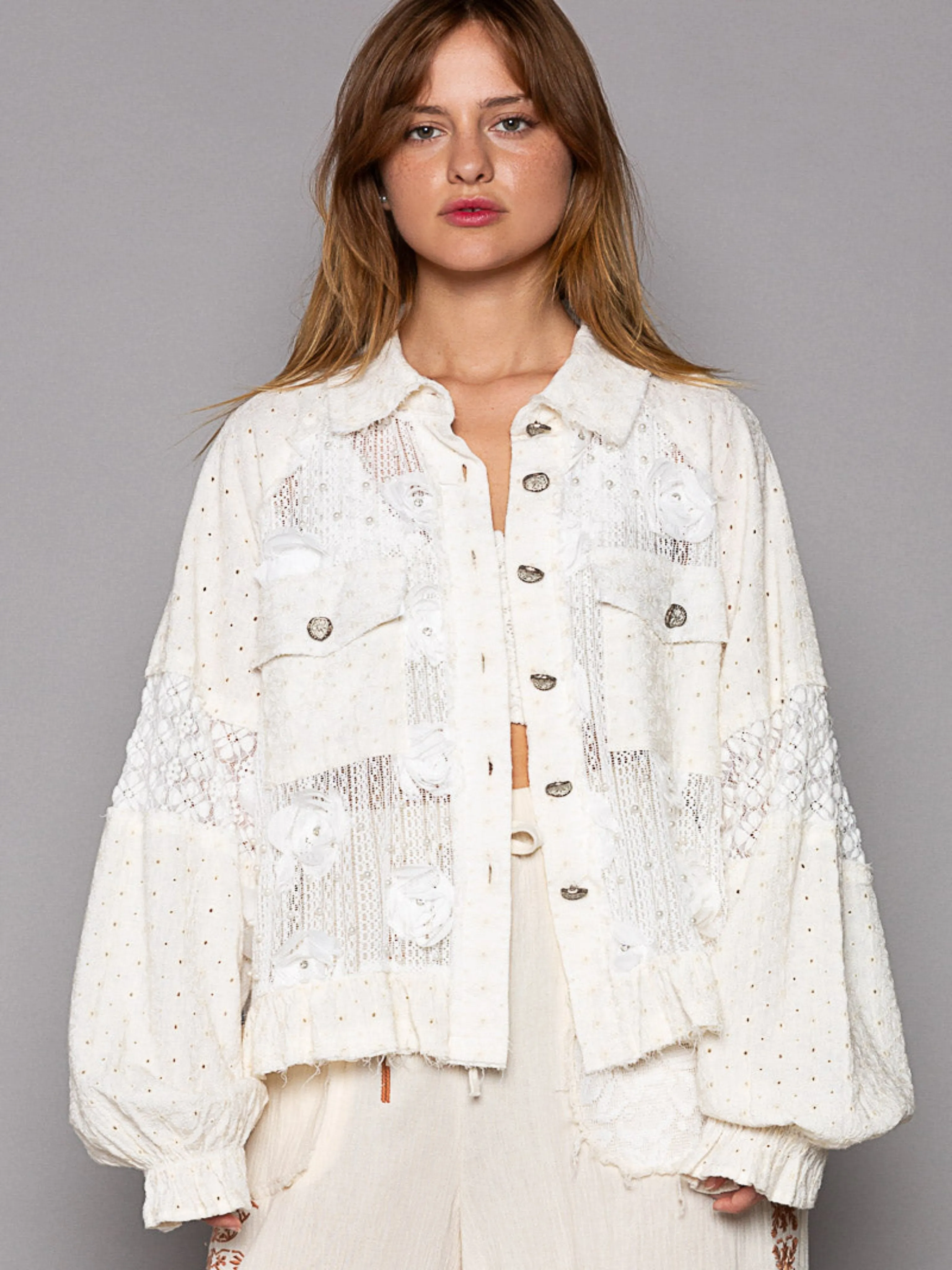 Long Balloon Sleeve Flower Detail Button Down Shirt Top