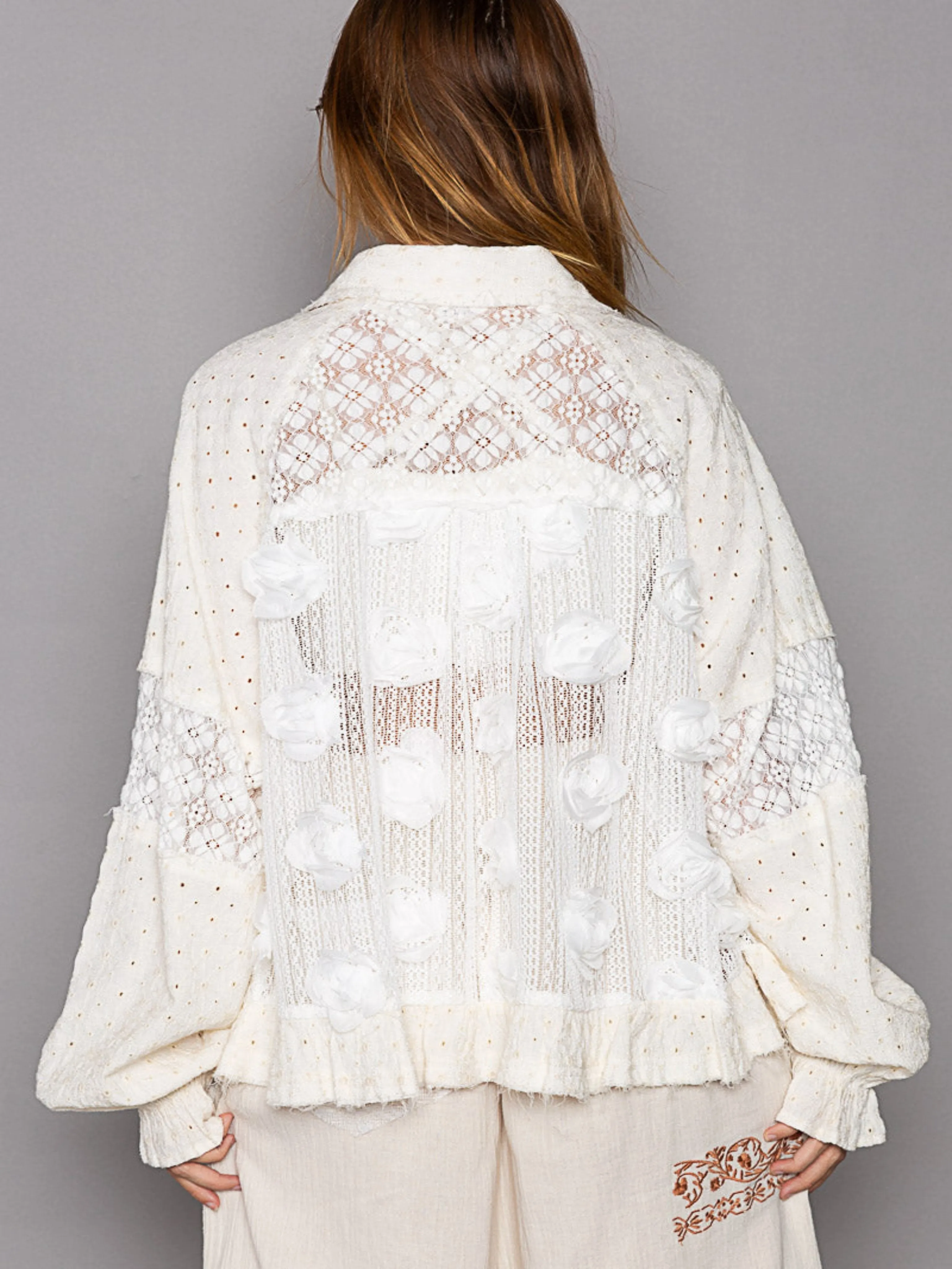Long Balloon Sleeve Flower Detail Button Down Shirt Top