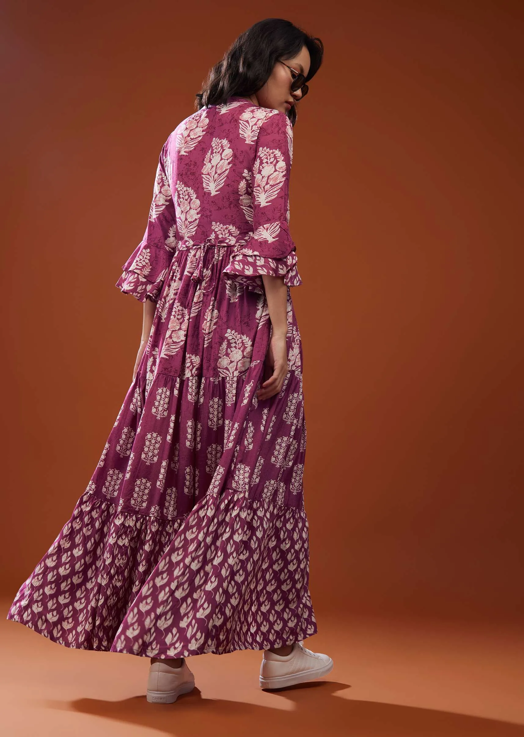 Magenta Pink Printed Silk Maxi Dress