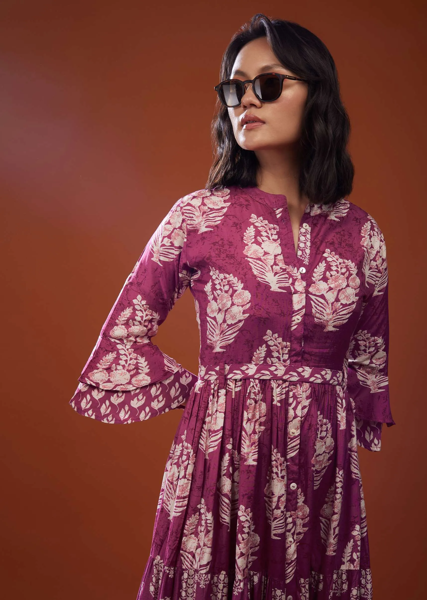 Magenta Pink Printed Silk Maxi Dress