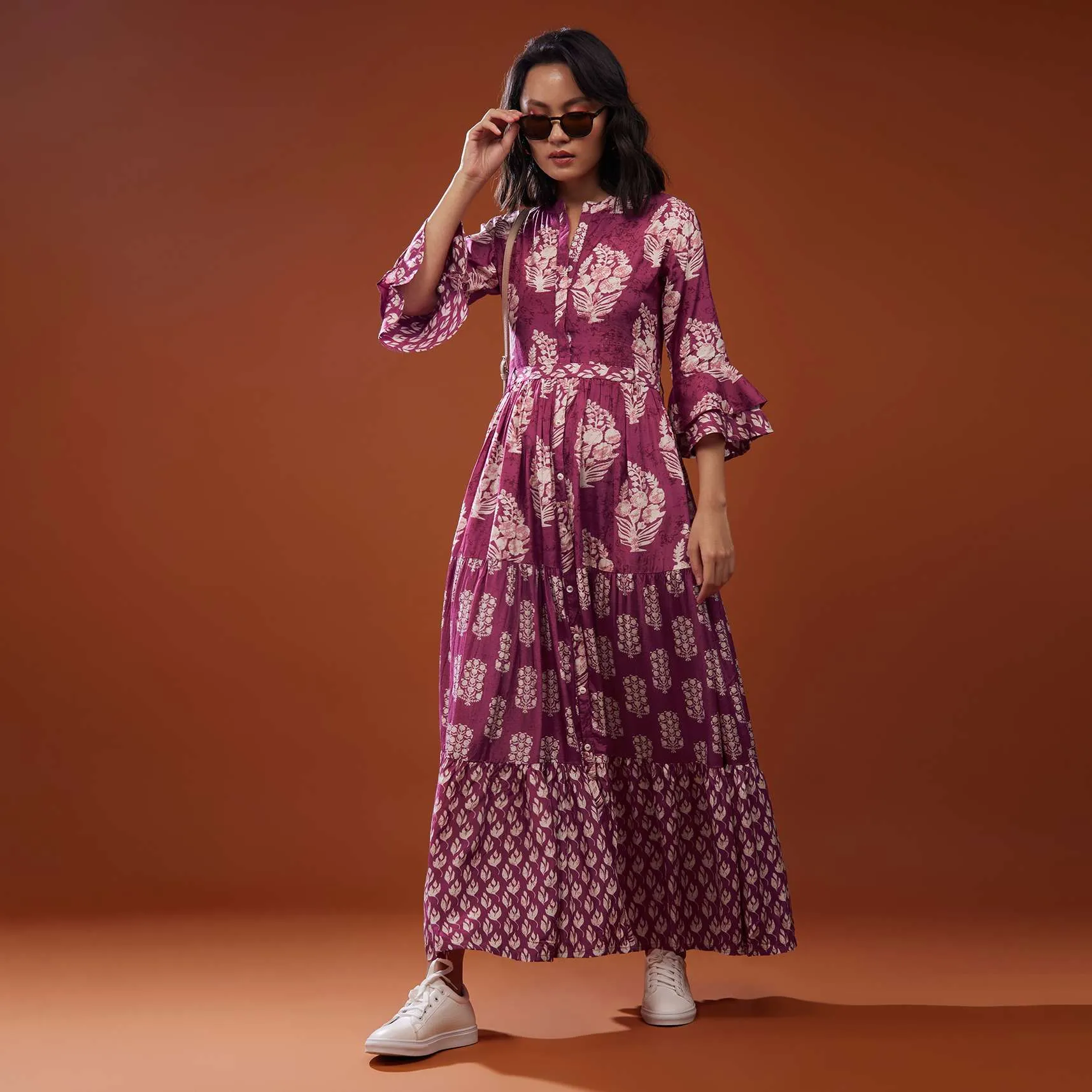 Magenta Pink Printed Silk Maxi Dress