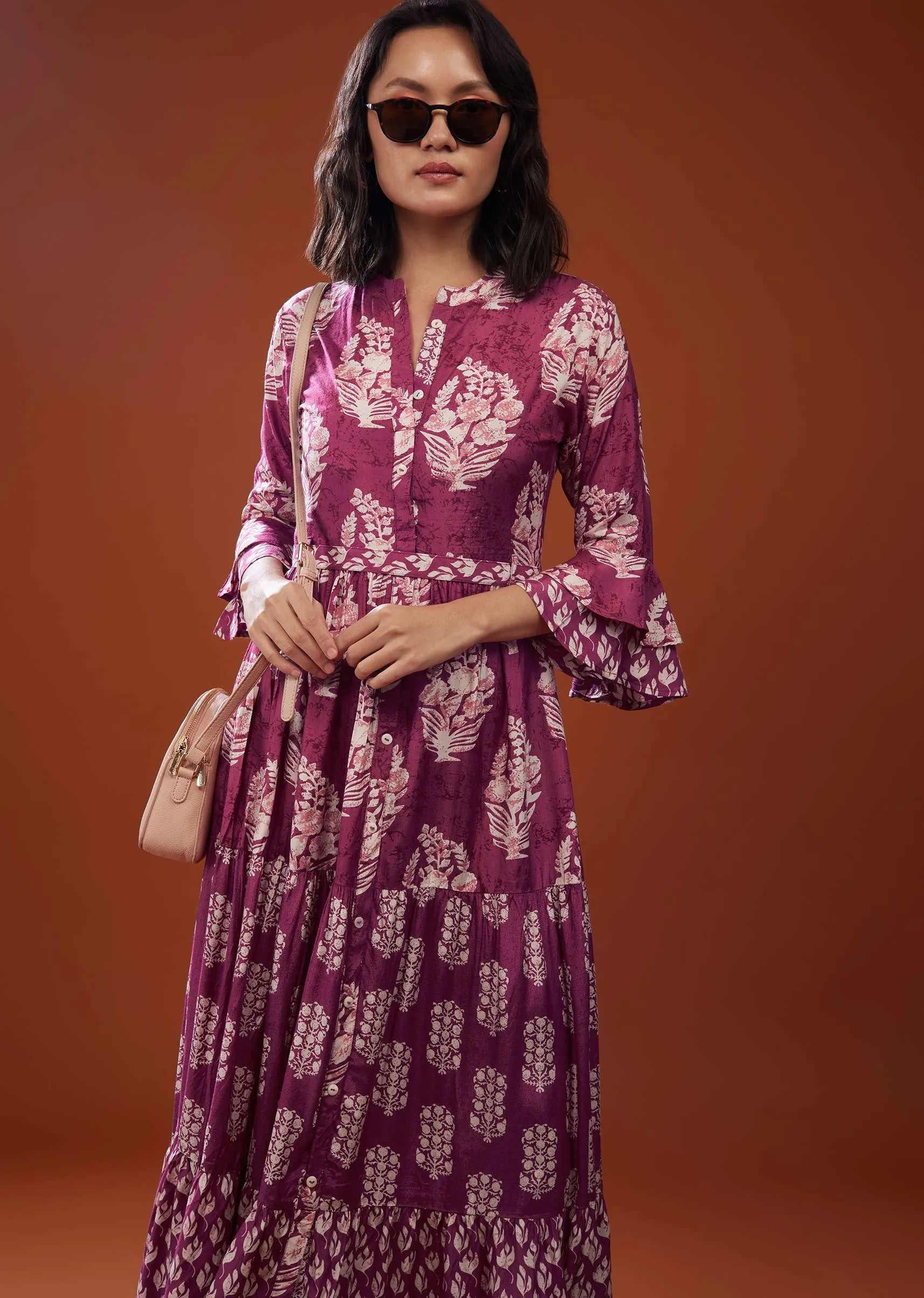 Magenta Pink Printed Silk Maxi Dress