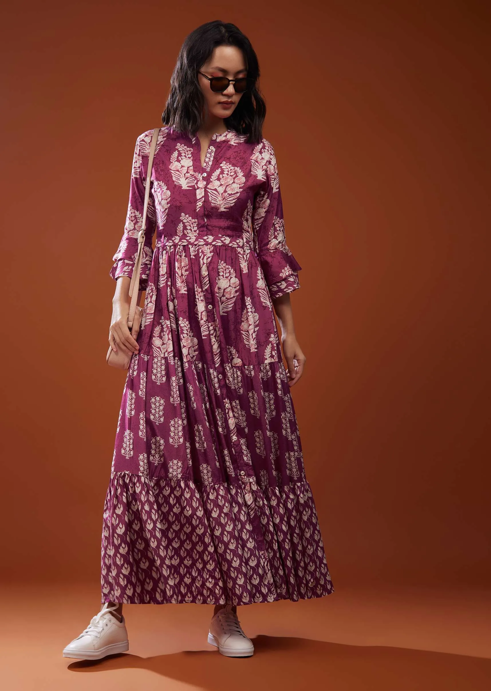 Magenta Pink Printed Silk Maxi Dress