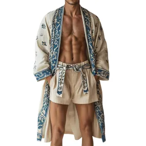 Men's Retro Casual Print Beach Street Cotton and Linen Cardigan 44576961TO