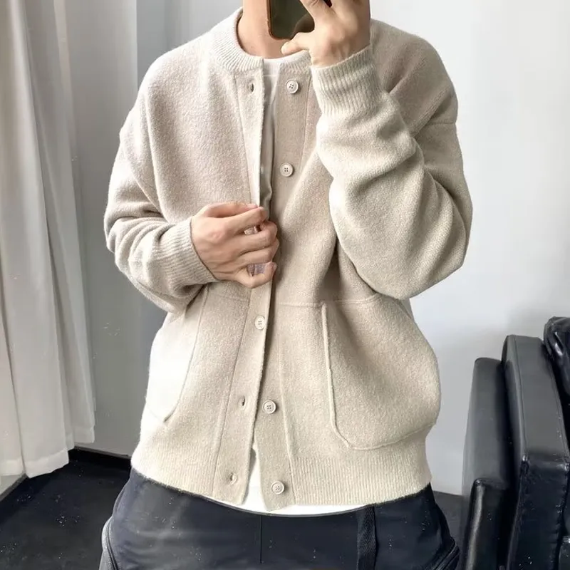 Men's Solid Round Neck Single Breasted Knit Cardigan 02767758Z