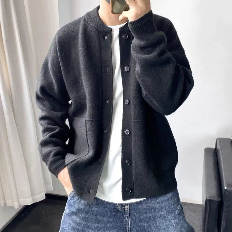 Men's Solid Round Neck Single Breasted Knit Cardigan 02767758Z
