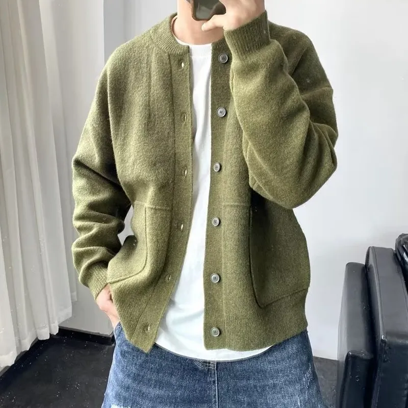 Men's Solid Round Neck Single Breasted Knit Cardigan 02767758Z