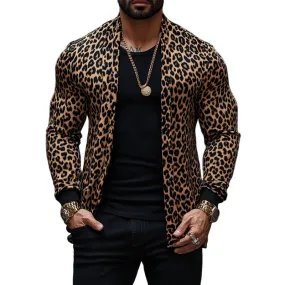 Men's Vintage Leopard Print Buttonless Cardigan Long Sleeve Shirt 84632624U
