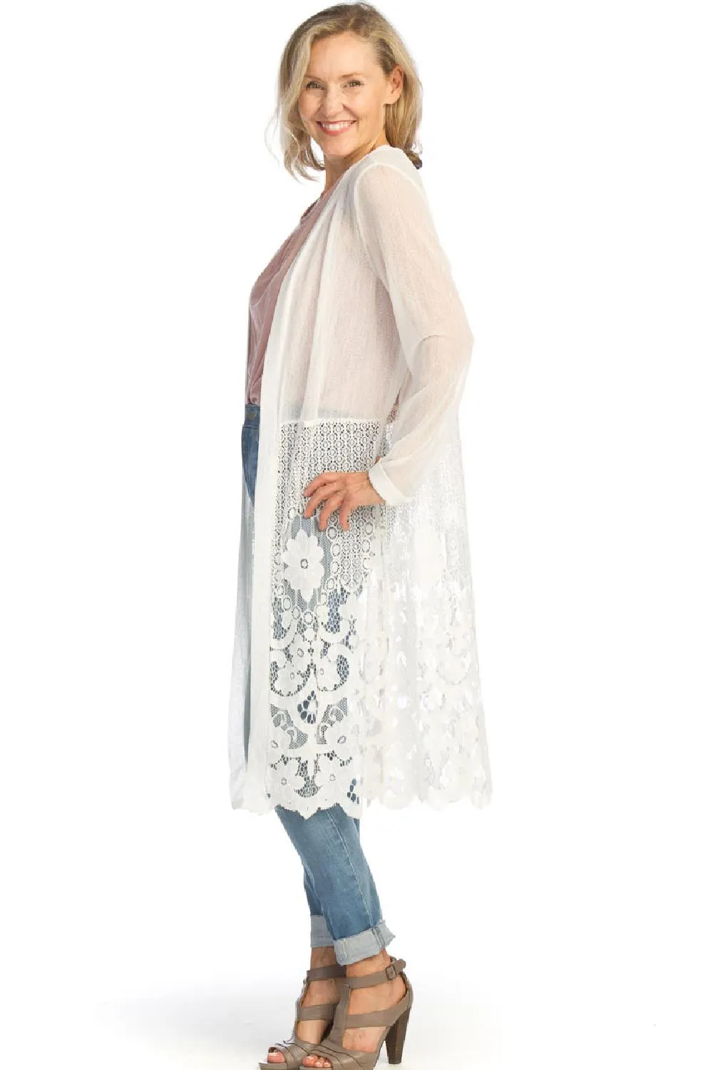 Papillon Mesh Stretch Cardigan with Lace, White (PT-07046)