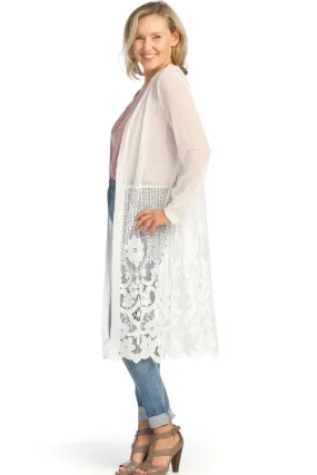 Papillon Mesh Stretch Cardigan with Lace, White (PT-07046)