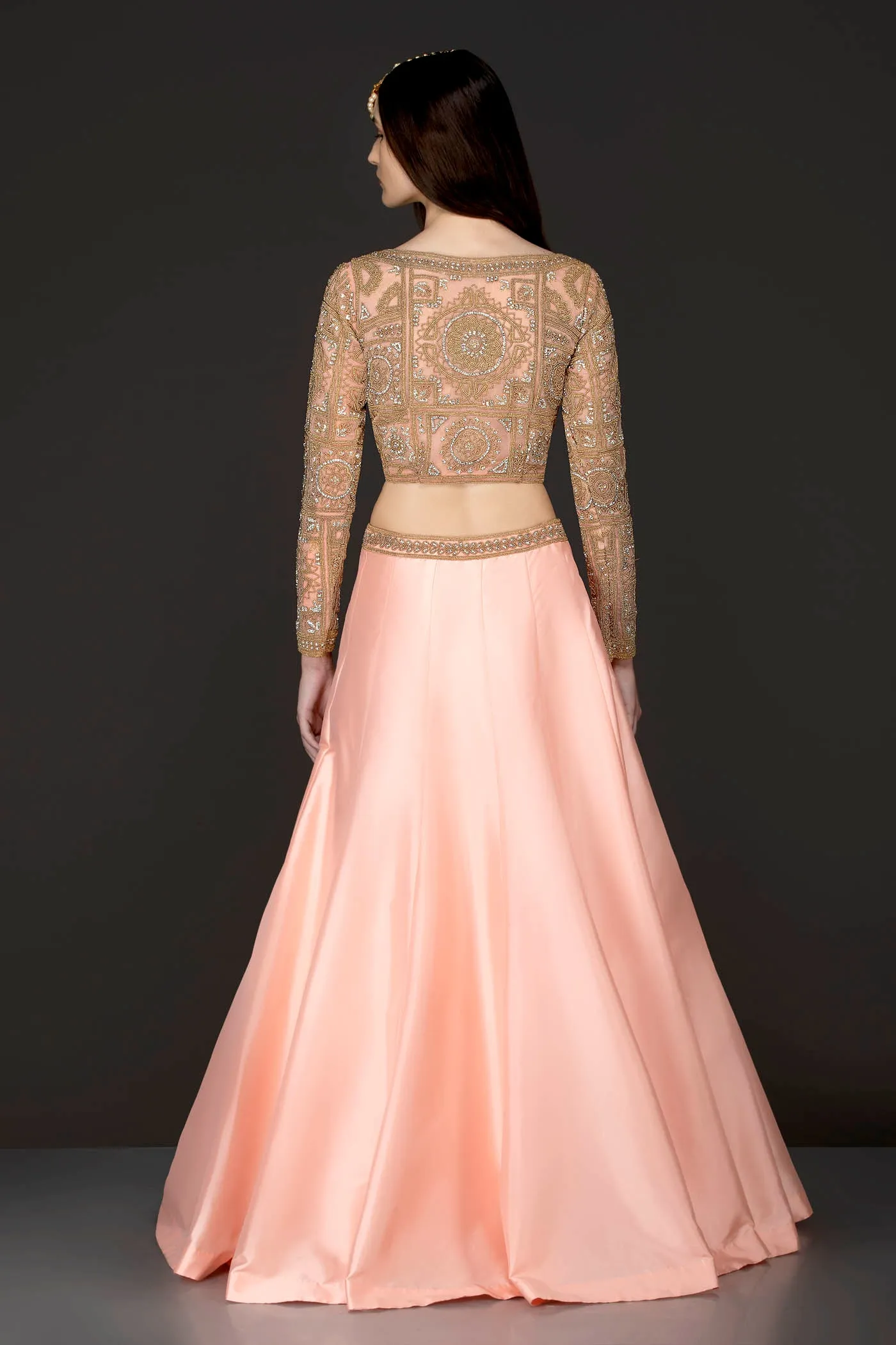 Peach Silk Skirt And Gold Net Top With Stone And Kathdana Embroidery
