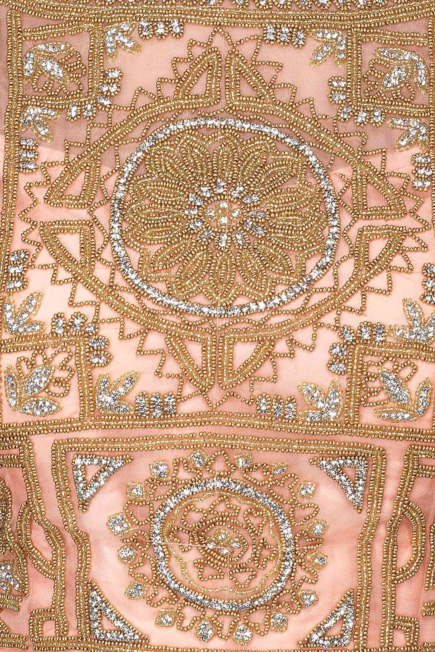 Peach Silk Skirt And Gold Net Top With Stone And Kathdana Embroidery