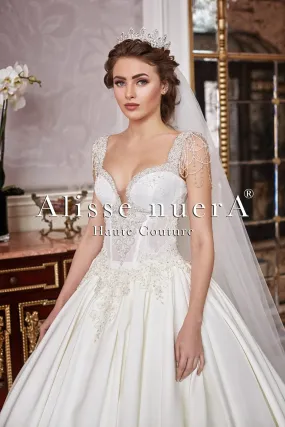 Scoop Neck Silver Crystals Beaded Top Satin Bridal Dress with Lace Panel Train