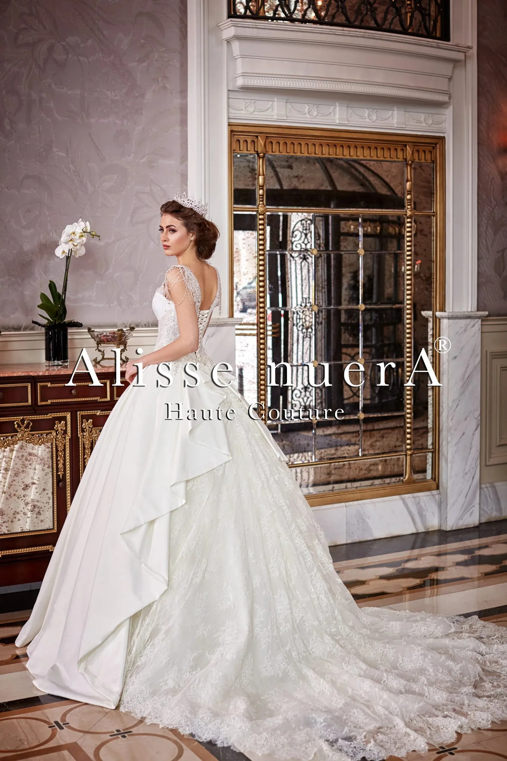 Scoop Neck Silver Crystals Beaded Top Satin Bridal Dress with Lace Panel Train