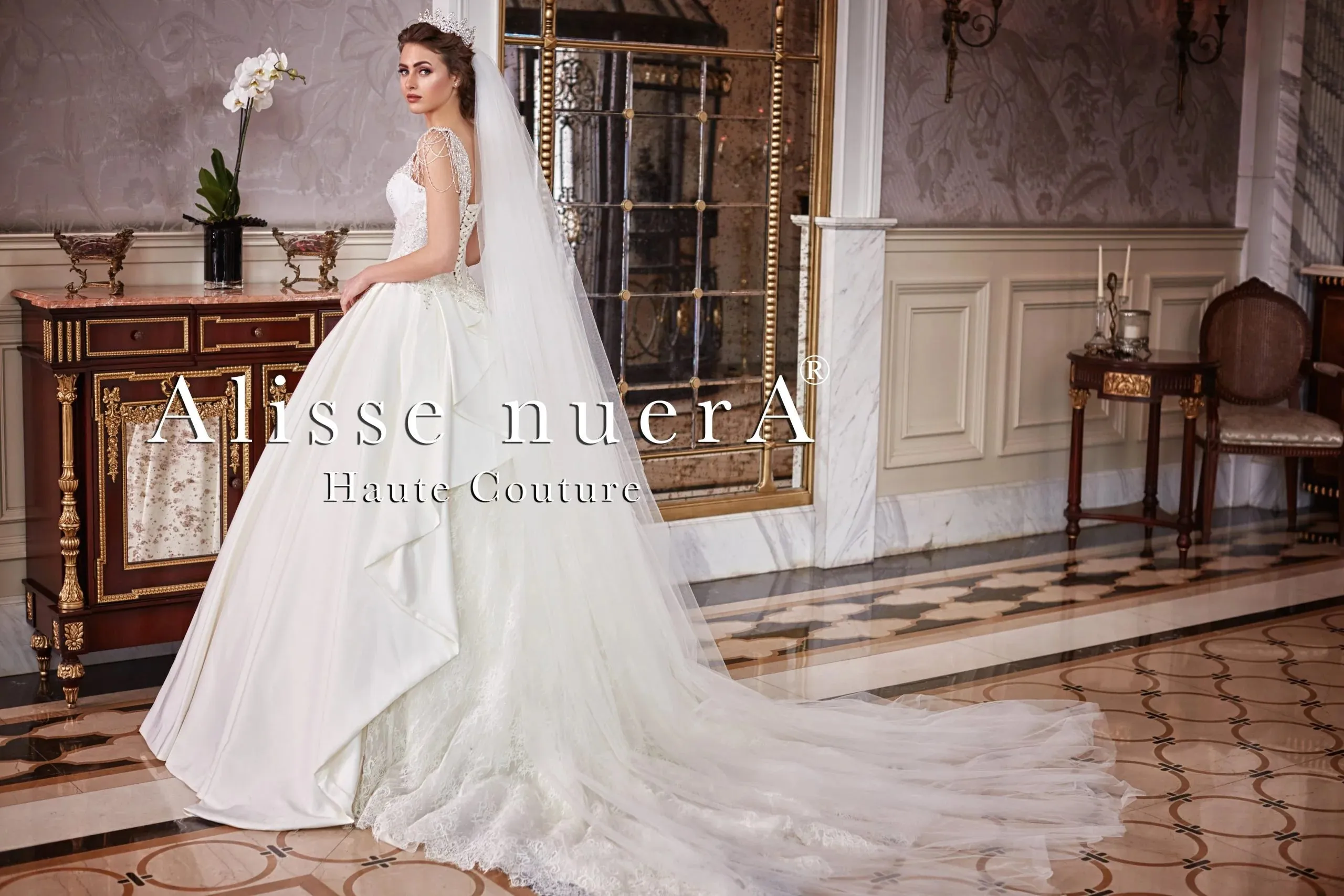 Scoop Neck Silver Crystals Beaded Top Satin Bridal Dress with Lace Panel Train