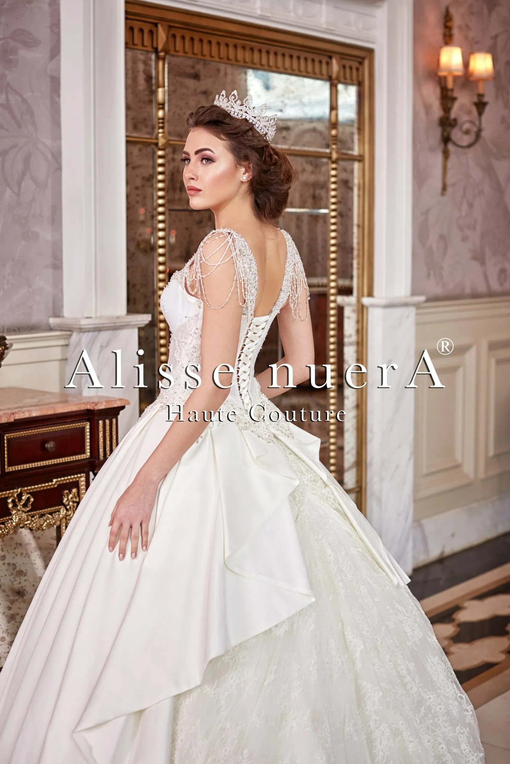 Scoop Neck Silver Crystals Beaded Top Satin Bridal Dress with Lace Panel Train