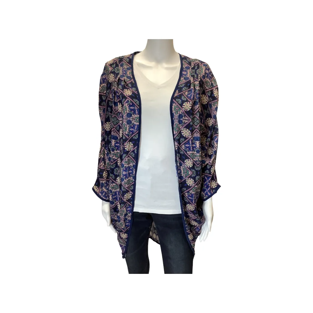 Tolani Blue Purple Tan Silk Cardigan Size S