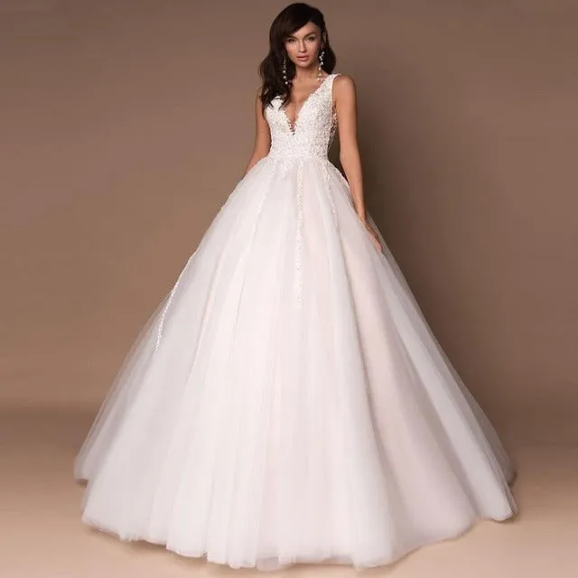 Tulle Bridal V Neck Beaded Ball Gown Wedding Dress