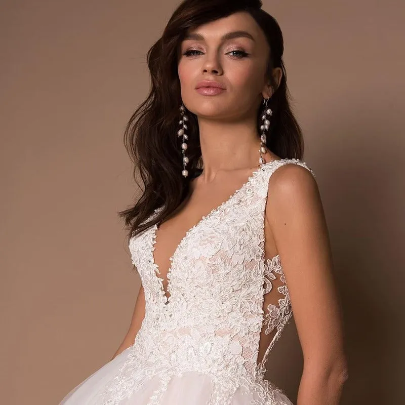 Tulle Bridal V Neck Beaded Ball Gown Wedding Dress