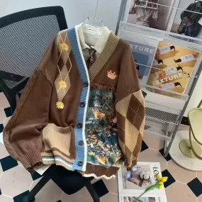 Vintage V-neck Patchwork Cardigan