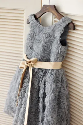 Wedding Flower Girl Dress,Pretty Grey Flower Girl Dress with Sash, Floral Tutu Flower Girl Dress