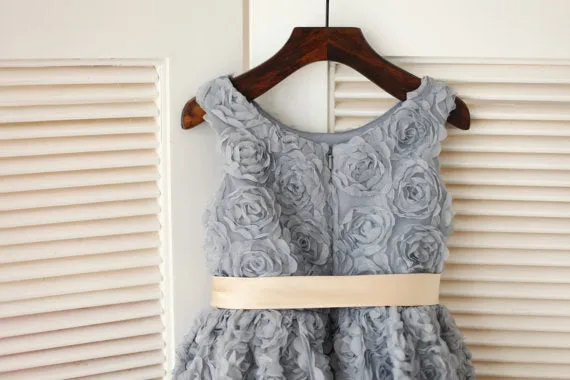 Wedding Flower Girl Dress,Pretty Grey Flower Girl Dress with Sash, Floral Tutu Flower Girl Dress