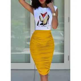 Women Sexy Sleeveless Top & Ruched Midi Skirt Set Two Piece Dress Suit Ladies Bodycon Skirts Outfits